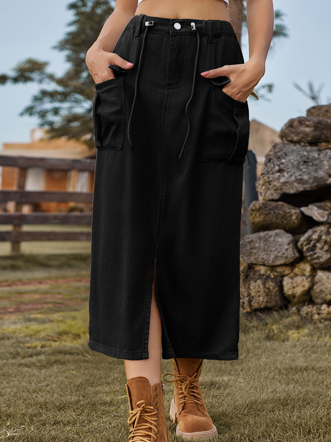 StyleCast Solid Denim Midi Skirt