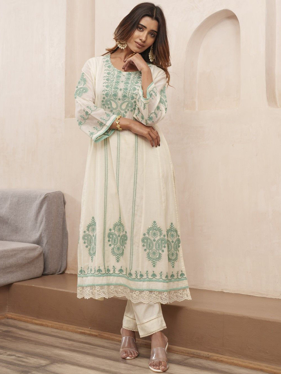 AUTUMN LANE Tashvika Misriteal Paisley Embroidered Thread Work Pure Cotton Suit Set
