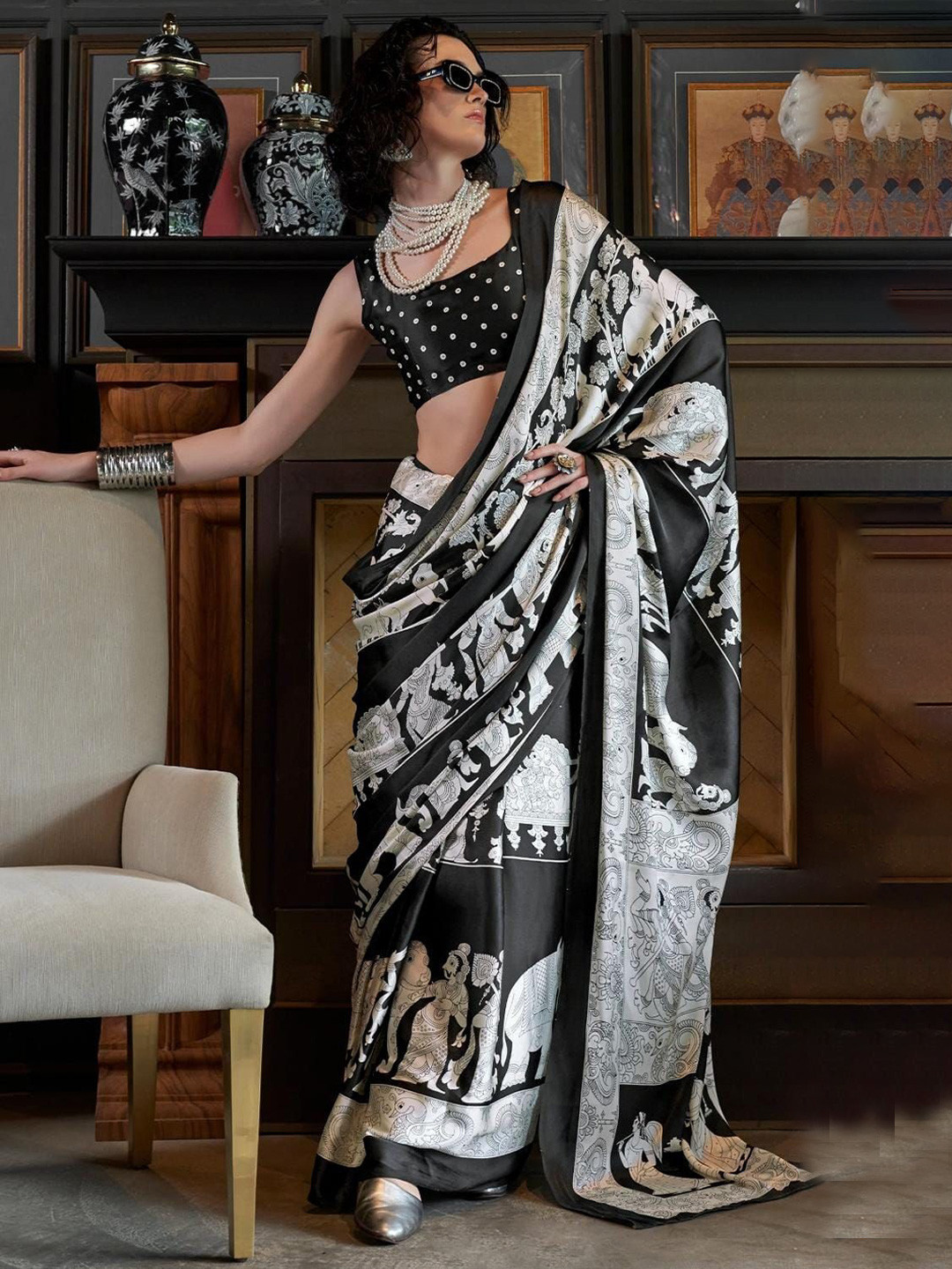 zinzraa Ajrak Block Zari Satin Saree