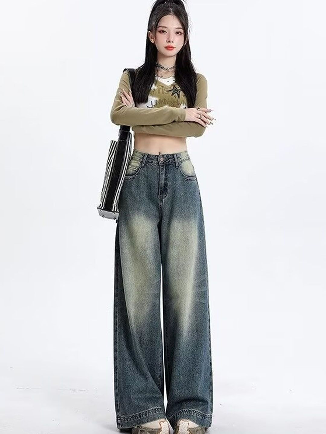 StyleCast Women High-Rise Clean Look Heavy Fade Wide Leg Jeans