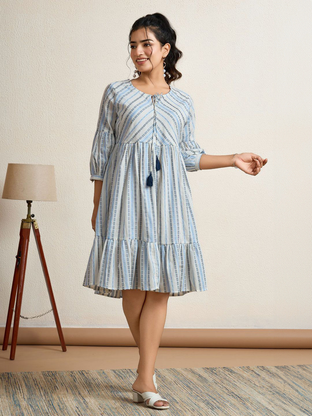 ISHWAR Adults-Women Floral Striped Fit and Flare Dress