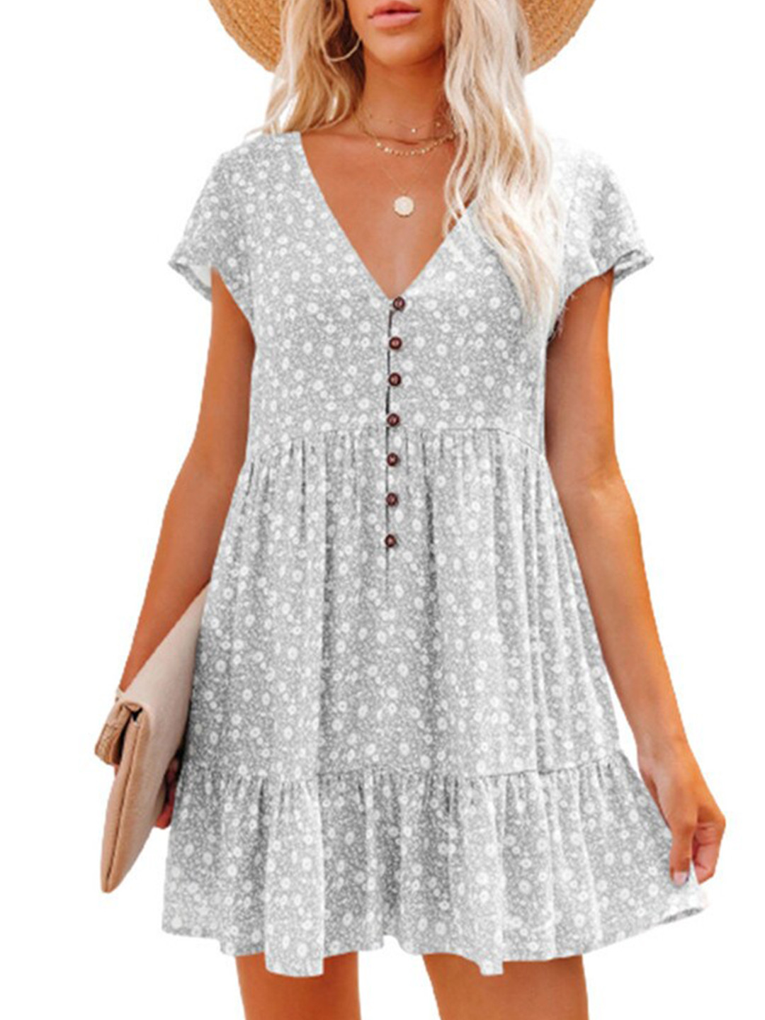 StyleCast Grey V-neck Short Sleeves Floral Printed Fit & Flare Dress