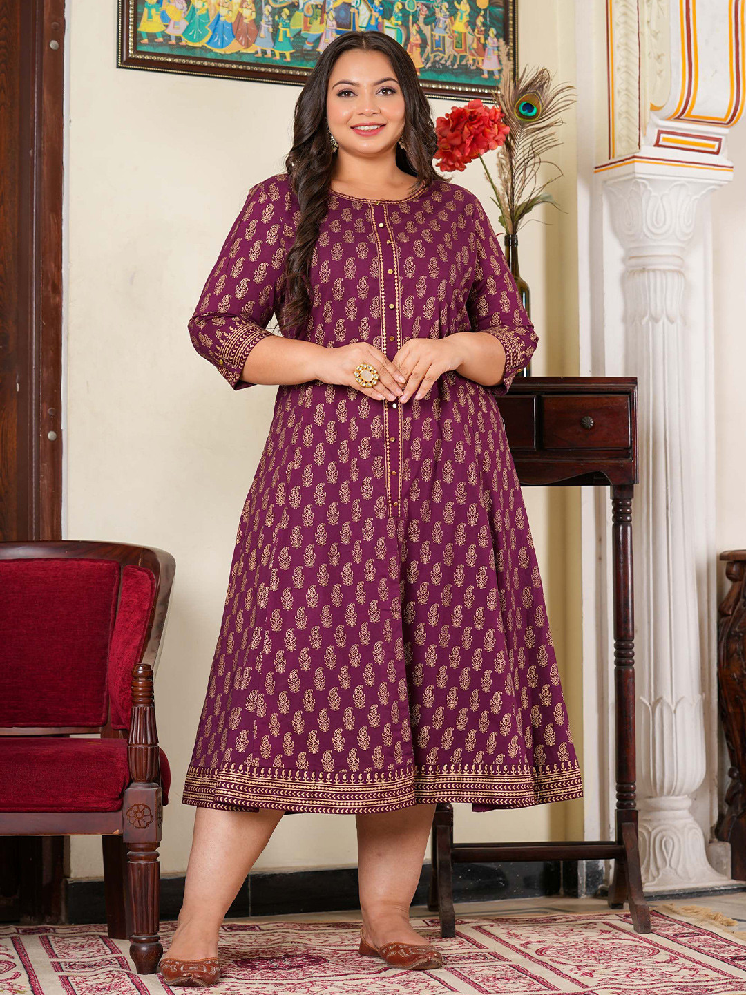 IKRASS Women Floral Printed Sequinned Anarkali Kurta Calflength Sequins