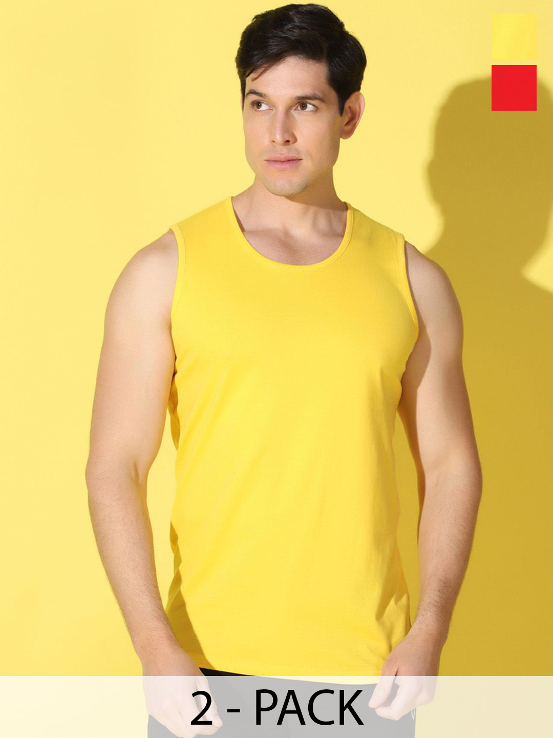 WOOSTRO Pack Of 2 Printed Knitted Gym Vest - VWS26(PLAIN YELLOW)(ENJOY RED)
