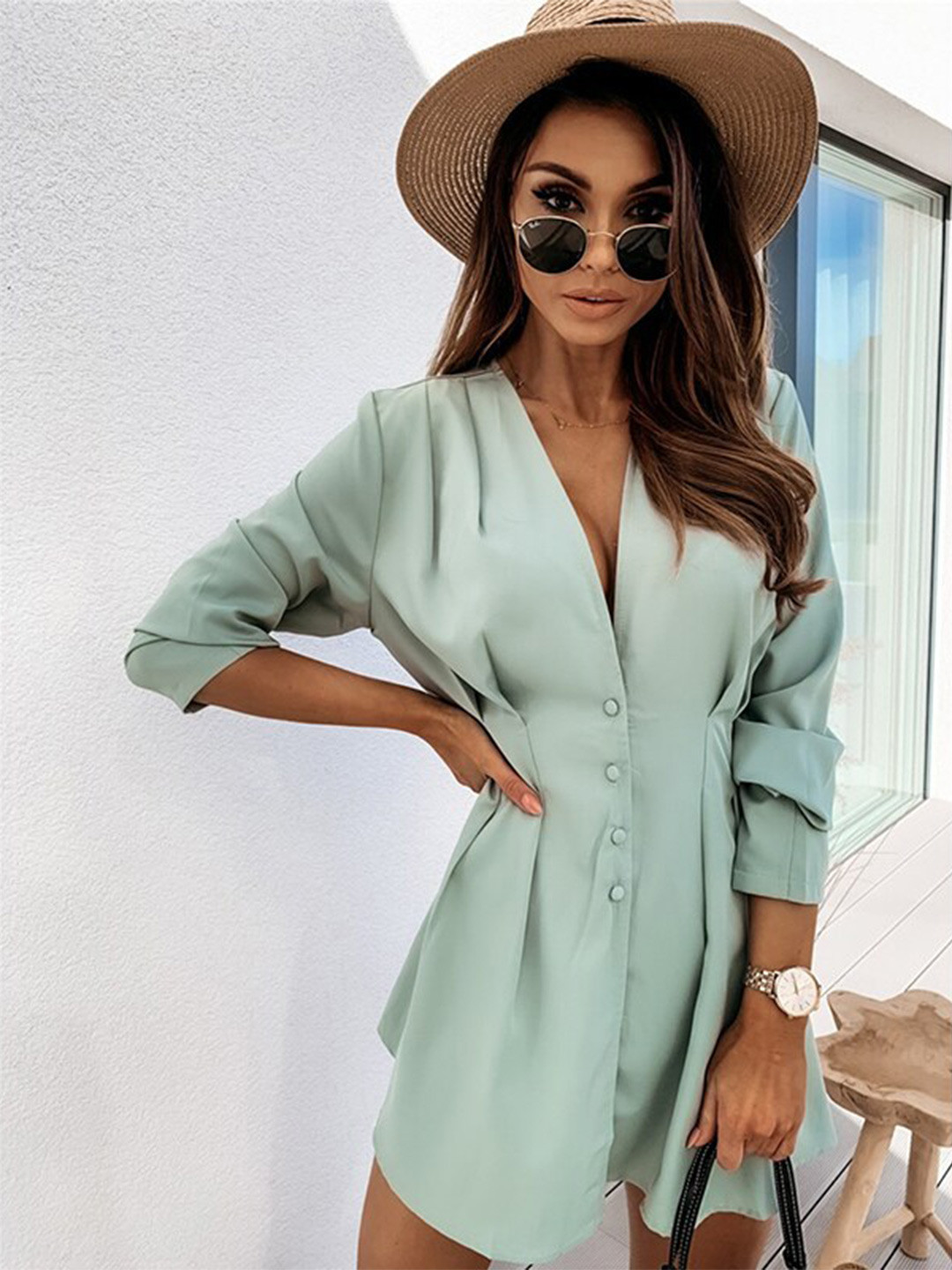 StyleCast Blue V-Neck Mini Shirt Style Dress