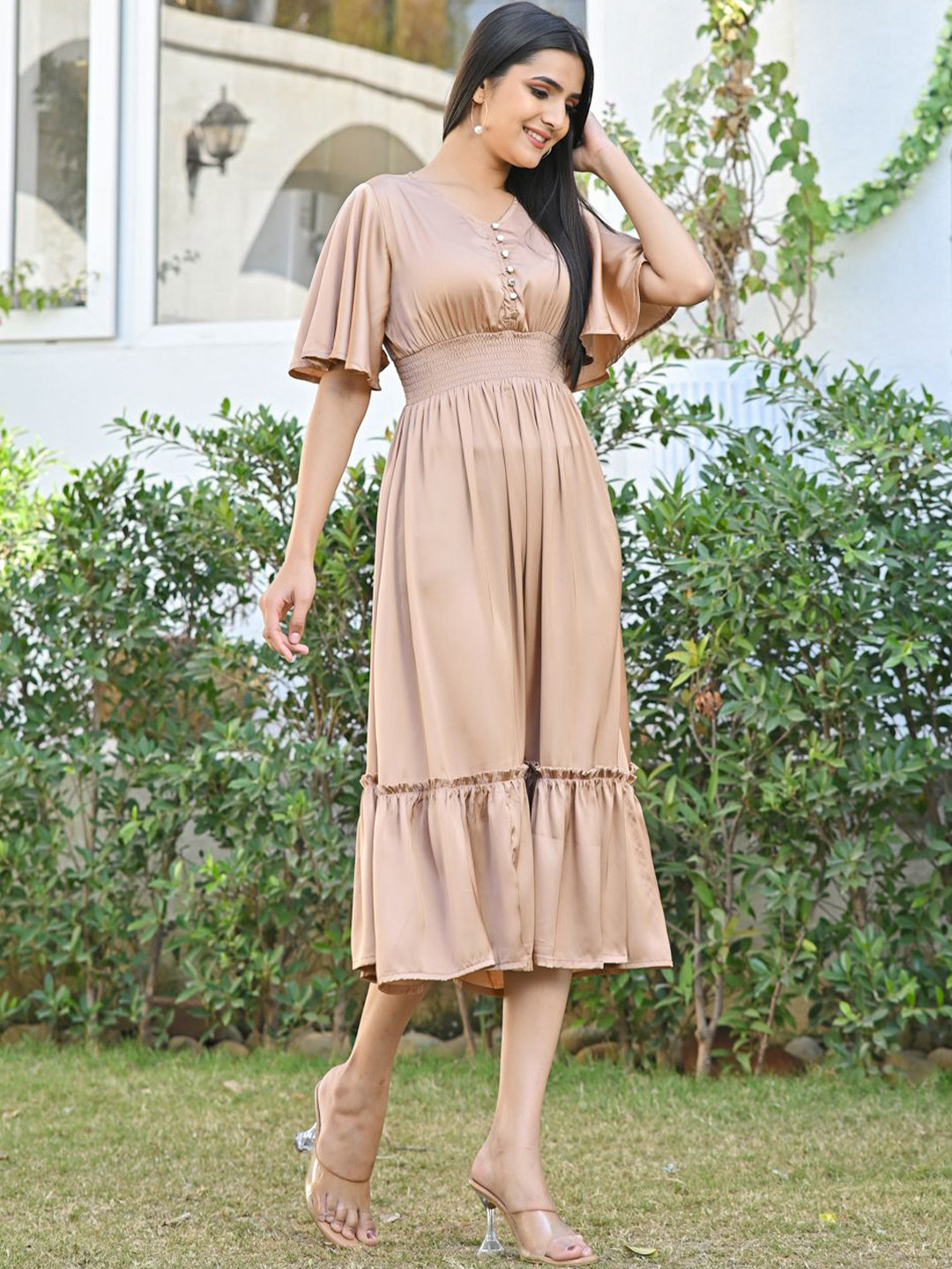 ISHWAR Women Brown V Neck Flared Sleeve Satin Fit and Flare Midi Dress