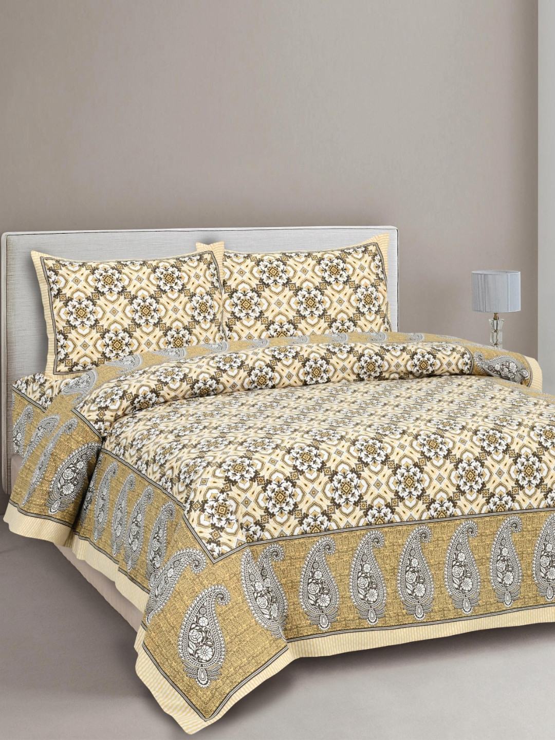 Lali Prints Jaipur Brown Floral Cotton 210 TC King Fine Bedsheet with 2 Pillow Covers-93 x 108 inches