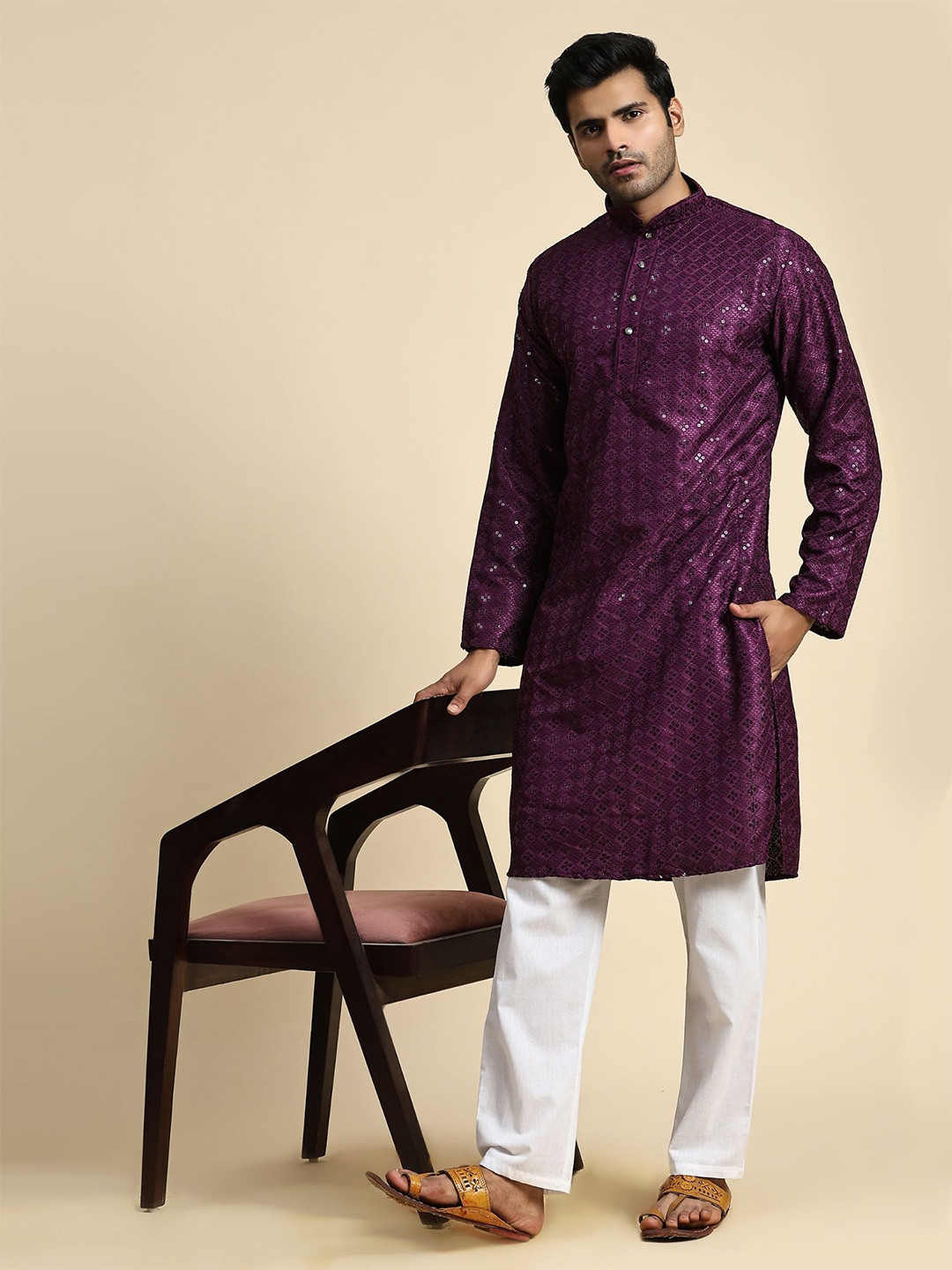 Pro-Ethic STYLE DEVELOPER Geometric Embroidered Mandarin Collar Sequinned Cotton Kurta