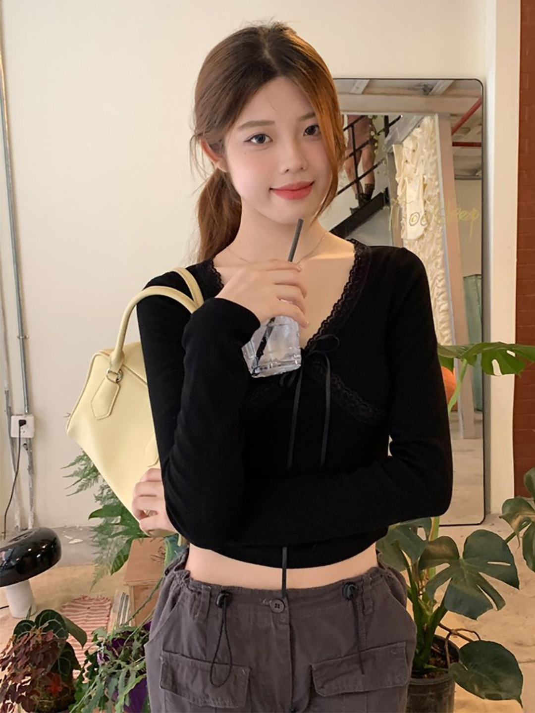 StyleCast x Revolte Women Extended Sleeves Bow & Lace Detailed Crop Top