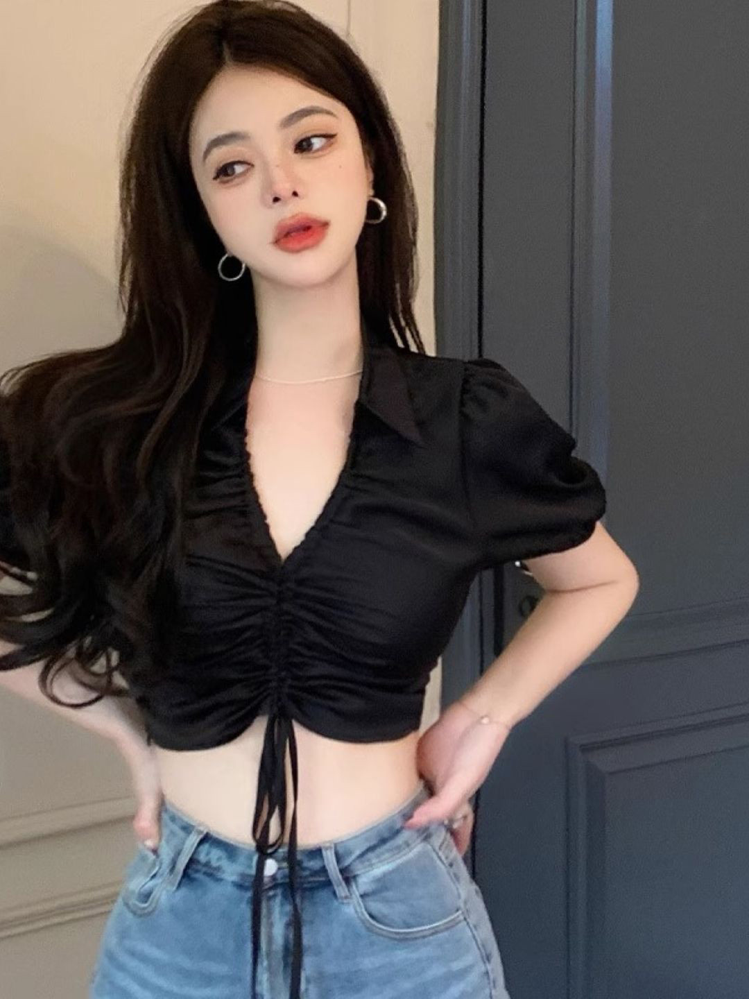 StyleCast Shirt Collar Lace-Up Solid Crop Top