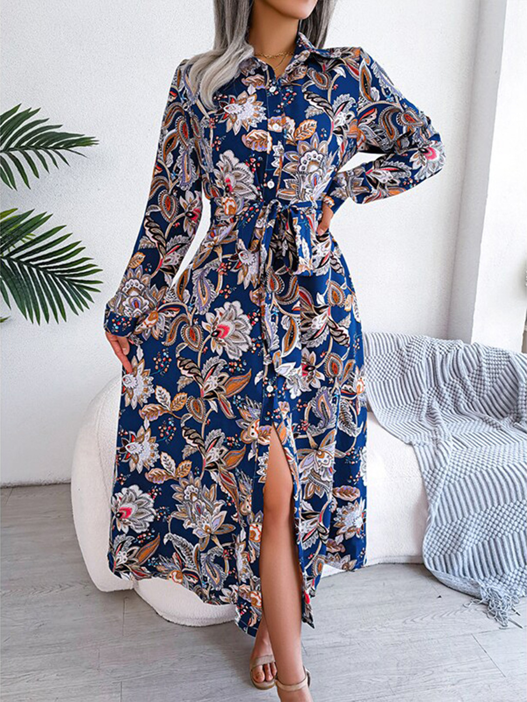 StyleCast Blue Floral Printed Shirt Collar Maxi Dress