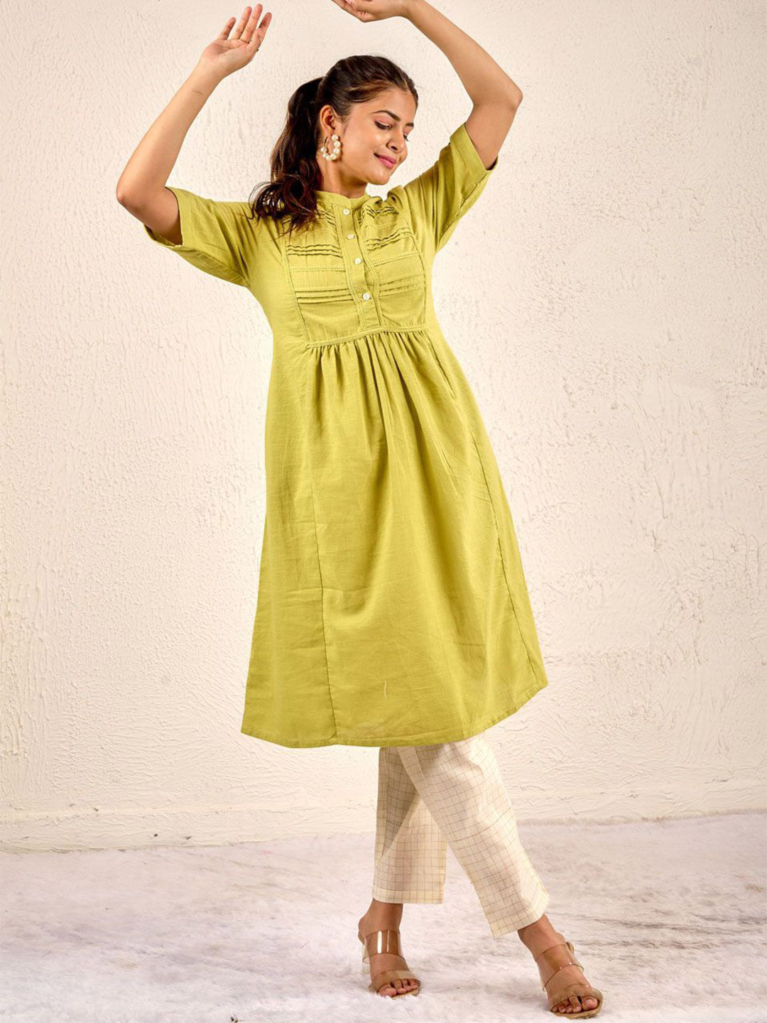 ISHWAR Women Paisley Solid Sequins Front Slit Pleated Calf Length A-Line Kurtas