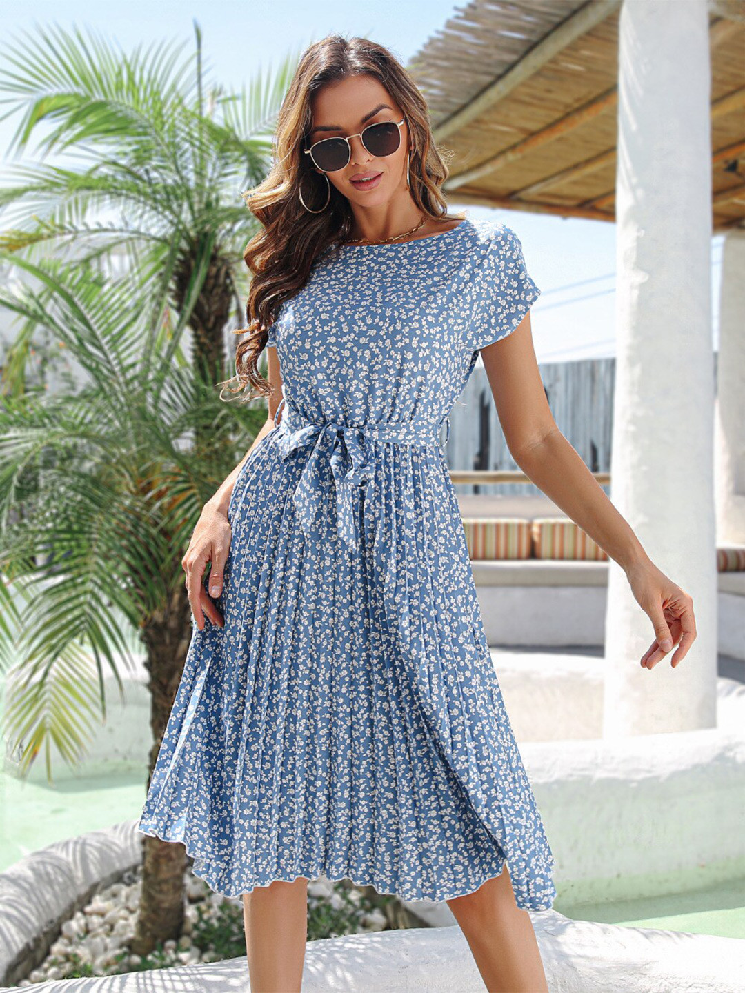StyleCast Blue & White Floral Print Fit & Flare Dress