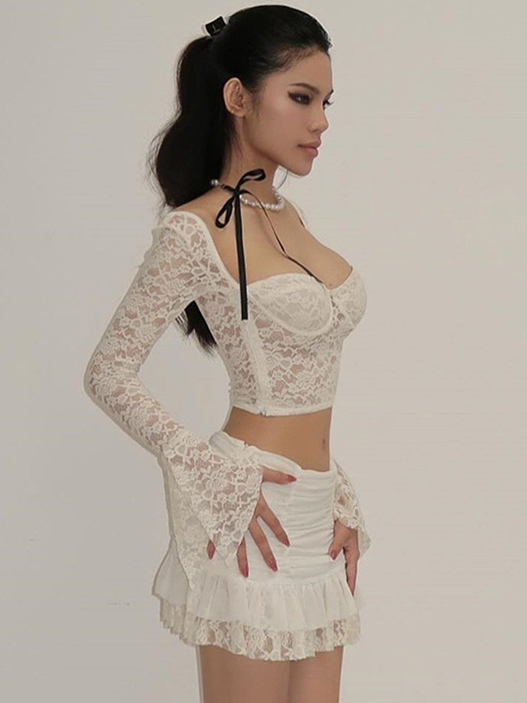 LULU & SKY Square Neck Lace Top With Skirt