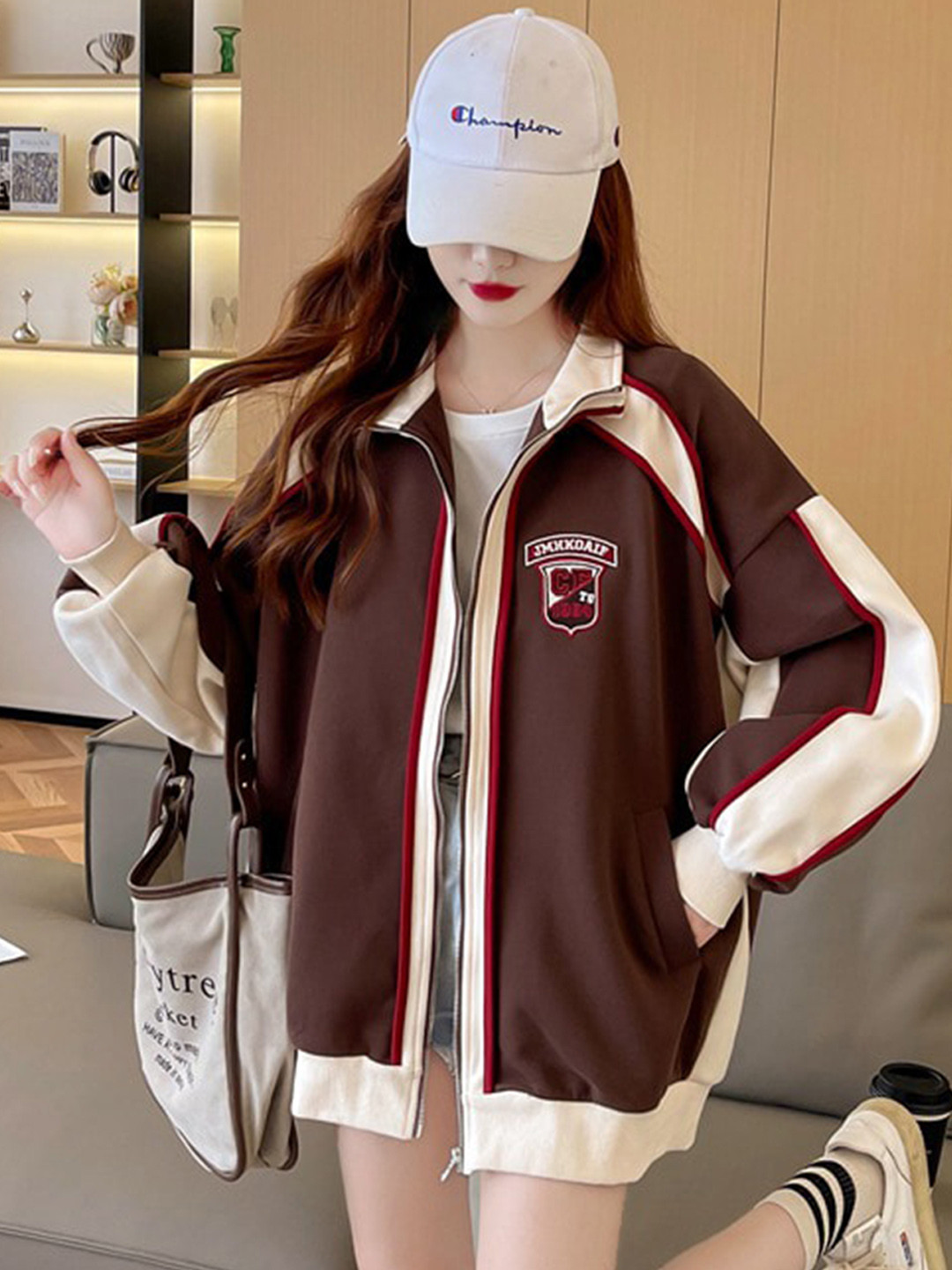 StyleCast Brown & White Colourblocked Dry Fit Longline Cotton Sporty Jacket