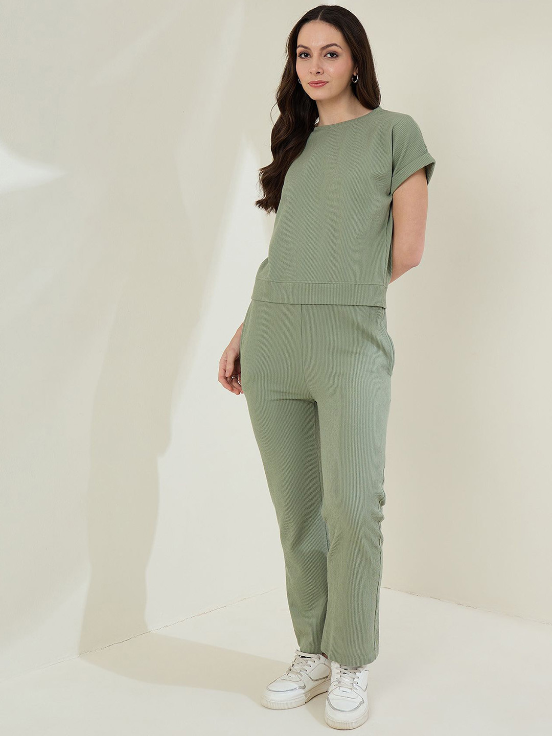 StyleStone Self Design Pure Cotton T-Shirt With Trousers Co-Ords