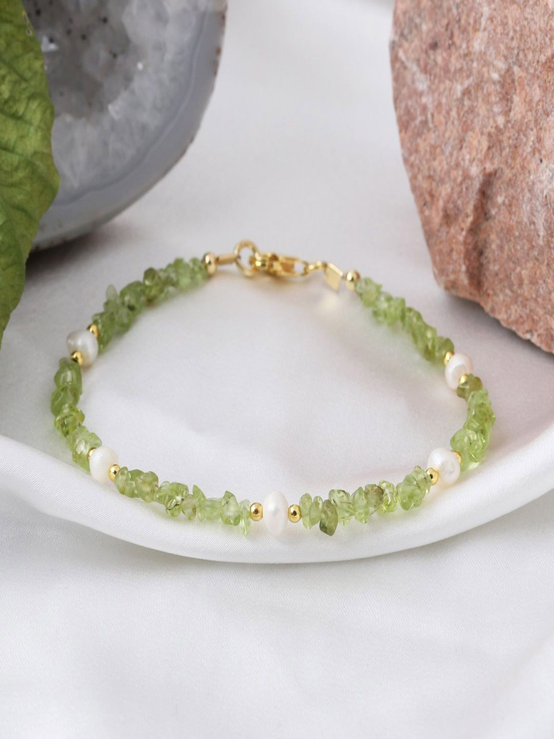 Nirvana Sterling Silver Gold-Plated Peridot and Pearl Beaded Wraparound Bracelet