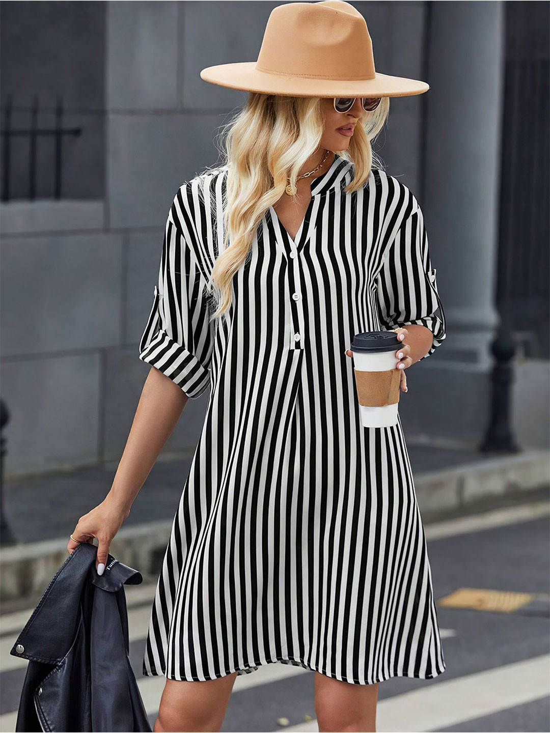 Black Striped A-Line Knee Length Dress with Roll-Up Sleeves