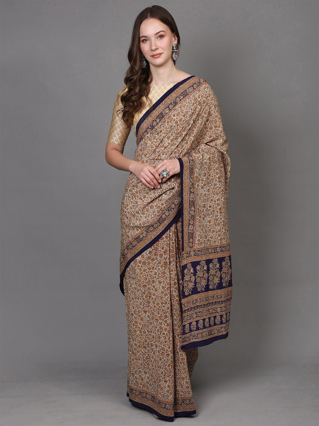 Exotic India Solitary Star Kantha Sequins Embroidered Crepe Saree with Ethnic Motifs Vines