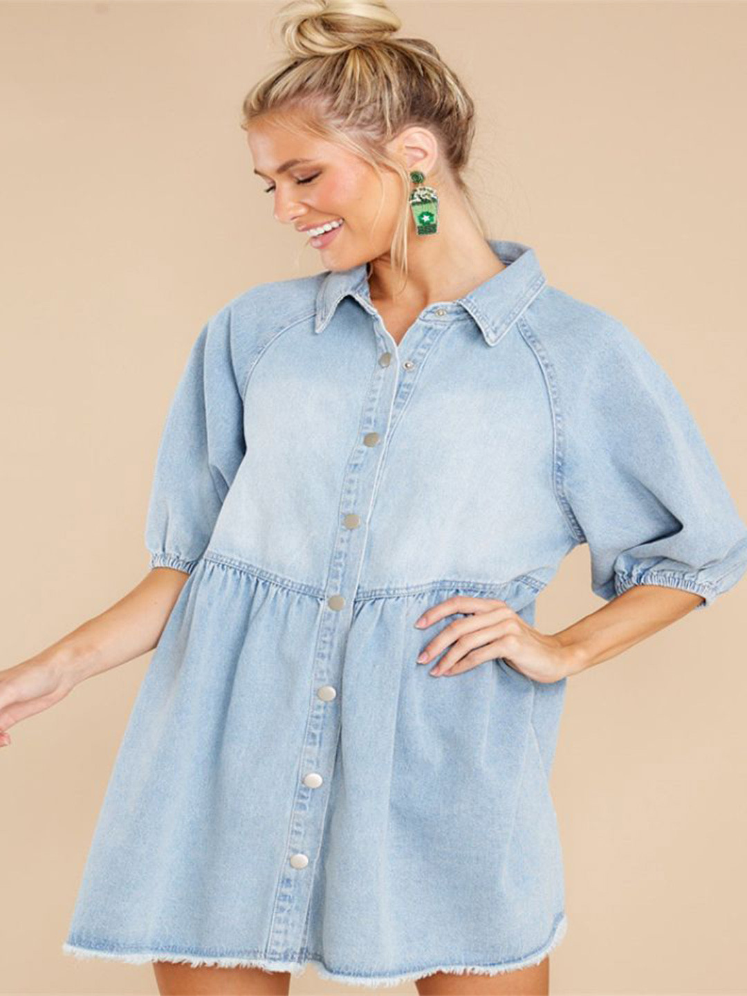 StyleCast Puff Sleeves Frayed Denim Shirt Dress