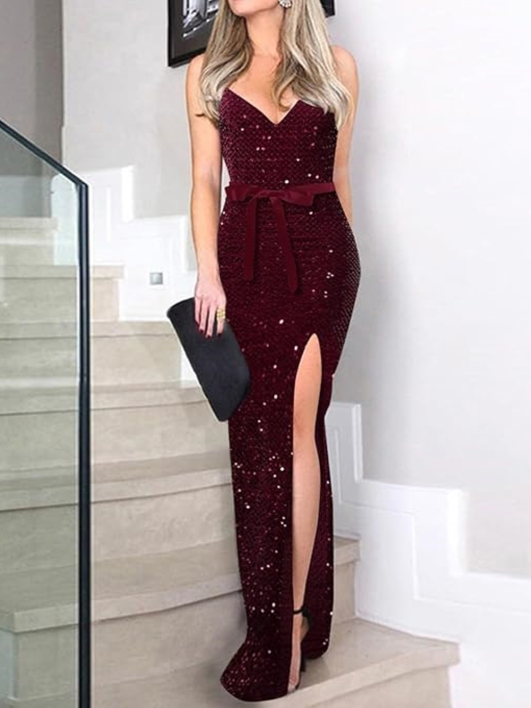 Burgundy Solid Bodycon Maxi Dress with Shoulder Straps