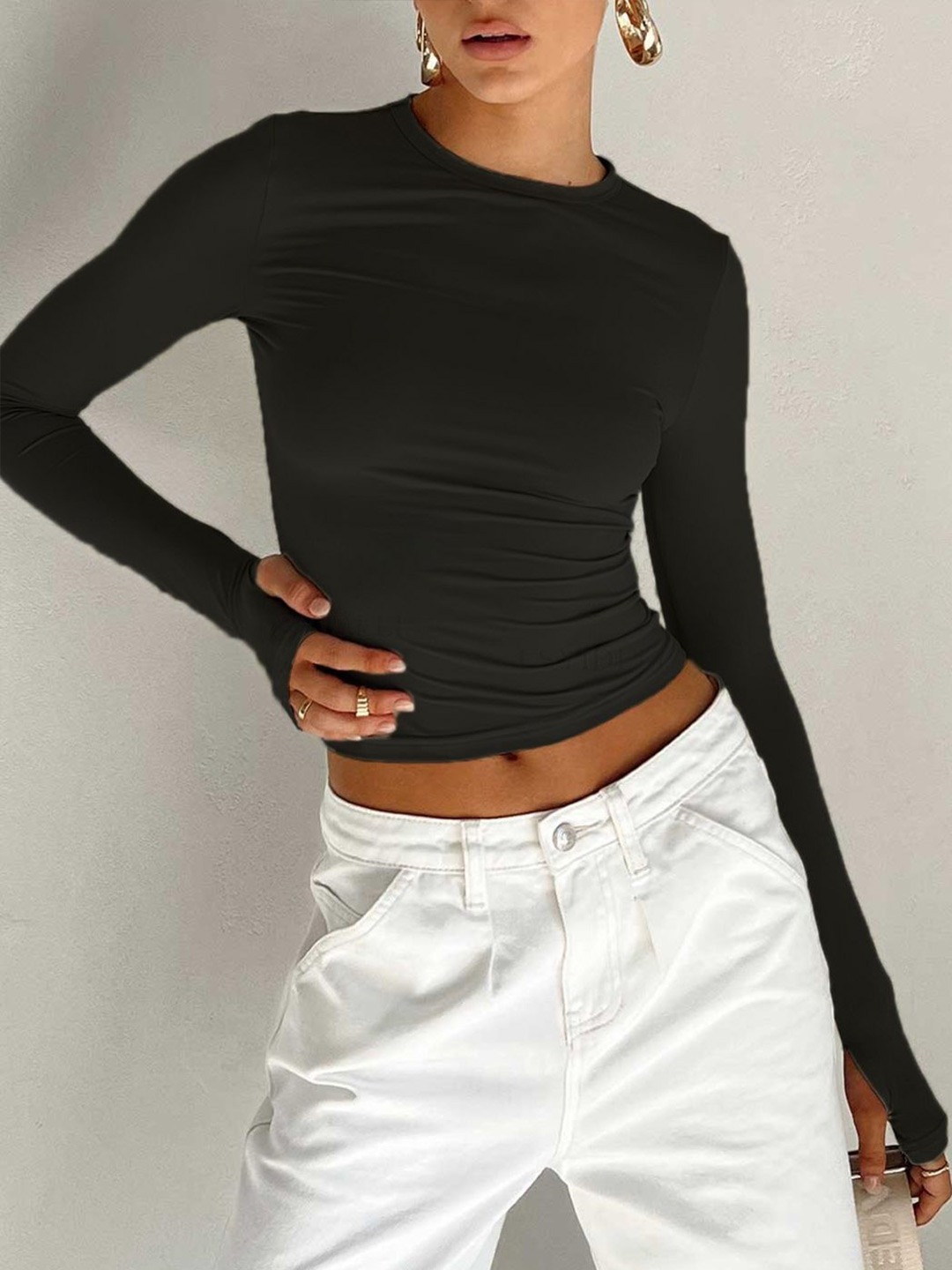 StyleCast Solid Fitted Long Sleeves Crop Top