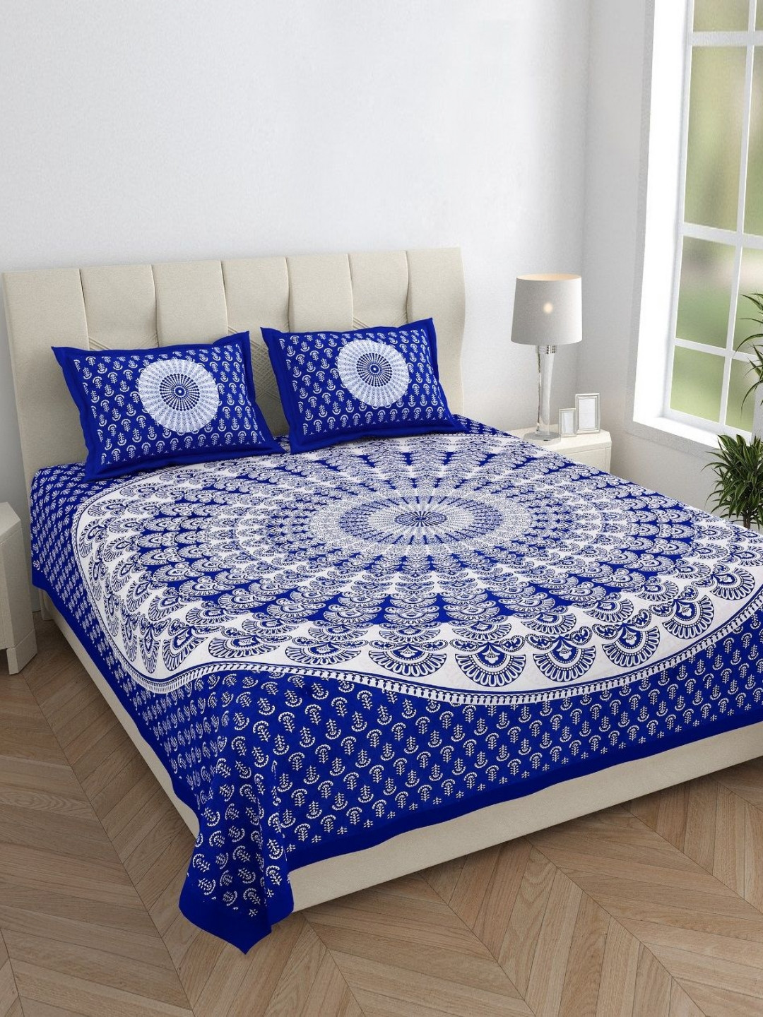 Monik Handicrafts Blue Ethnic Motifs Cotton 144 TC King Bedsheet with 2 Pillow Covers-228 x 262 cm