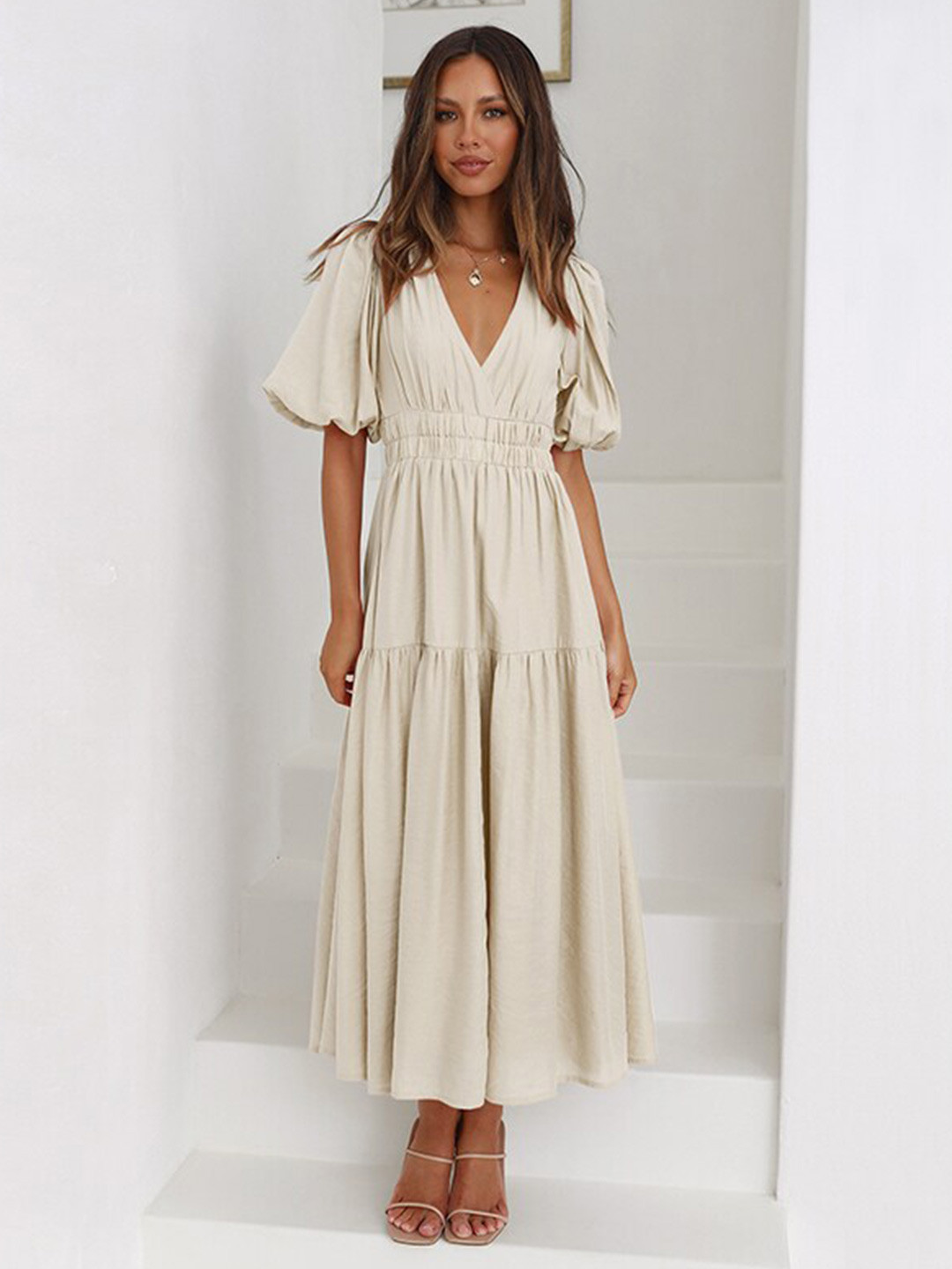StyleCast Beige V-Neck Puffed Sleeves Maxi Dress