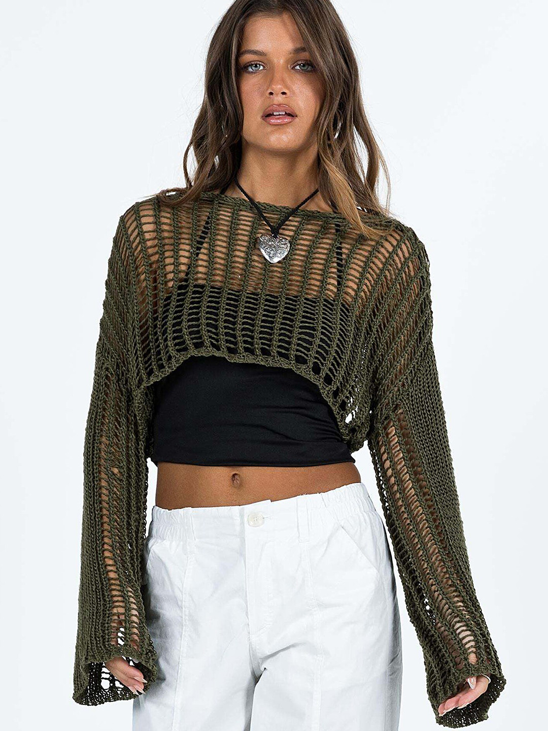 LULU & SKY Green Self Design Sheer Crop Top