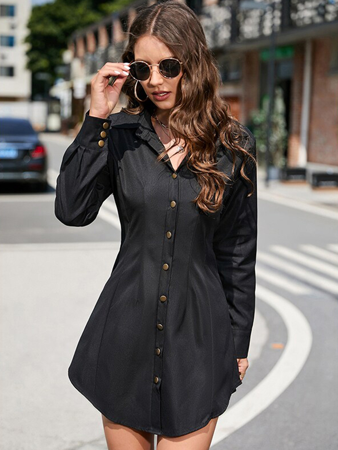 StyleCast Black Shirt Collar Cuffed Sleeves Pleated Detail Shirt Mini Dress