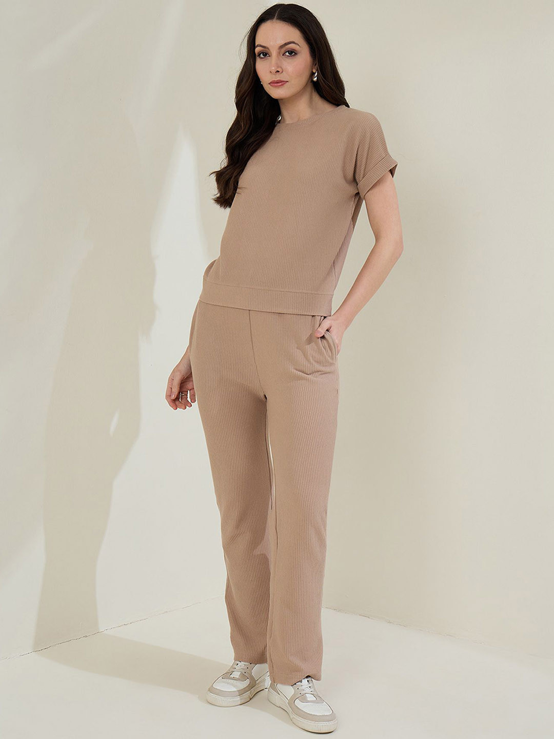 StyleStone Self-Design Round Neck T-Shirt With Trousers Co-Ords