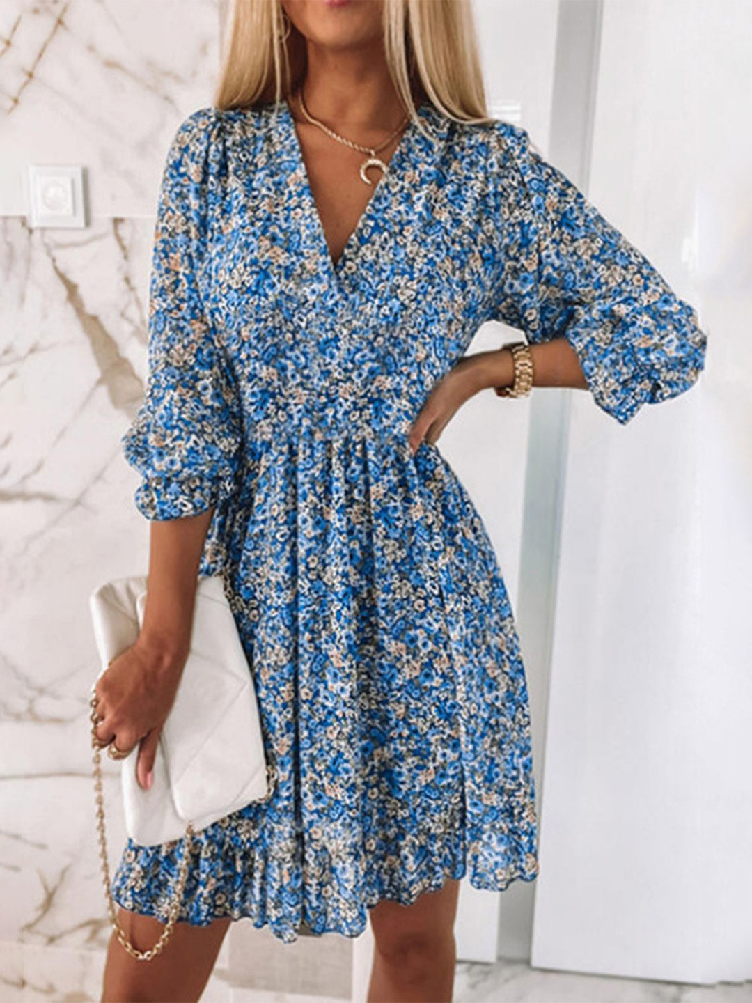 LULU & SKY Women Blue Floral V-Neck Puff Sleeve Knee Length Dress