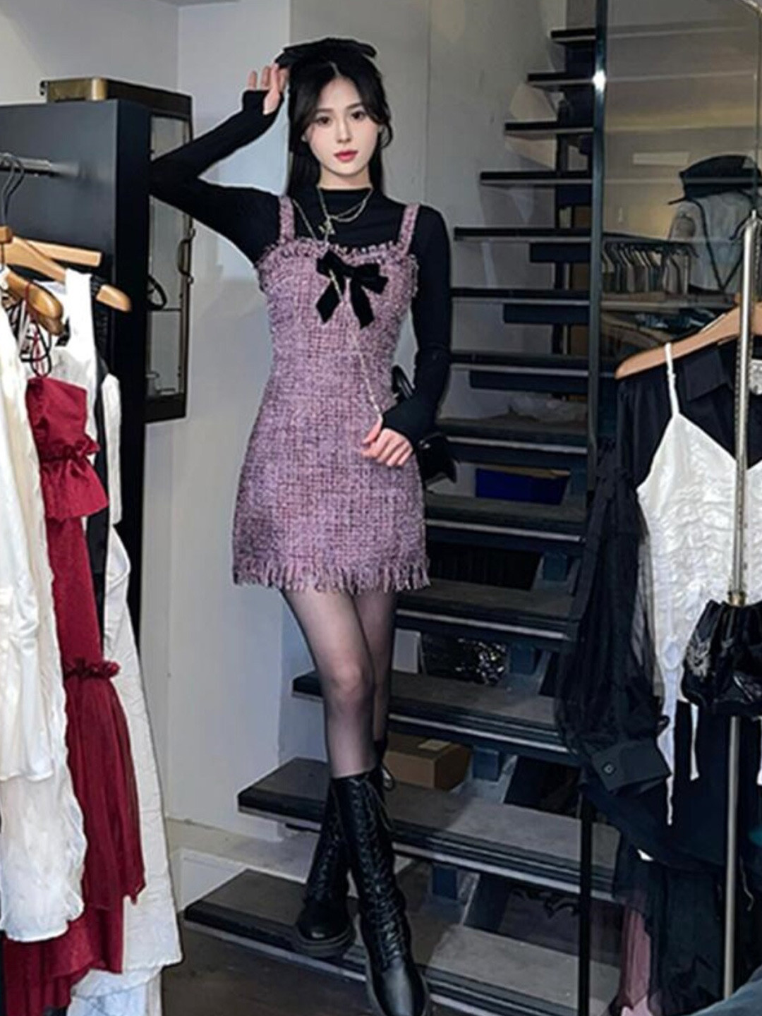 StyleCast Black & Pink Self Design Bow A-Line Mini Dress