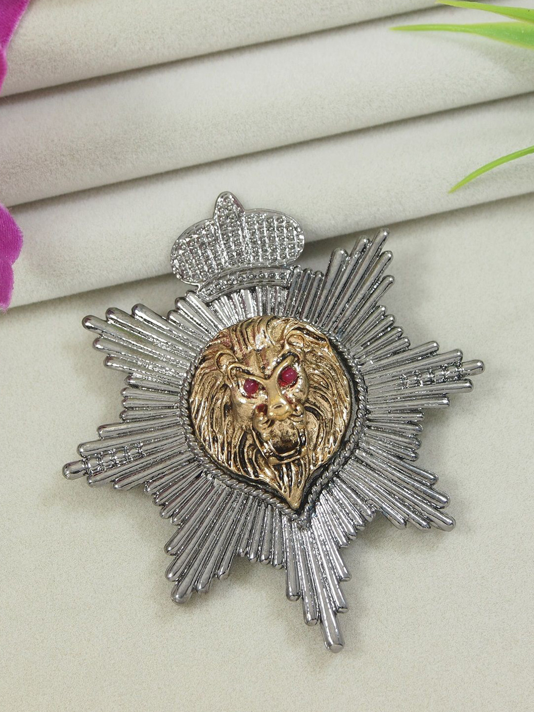 ADORN Men Stone-Studded Lion Face Statement Brooch