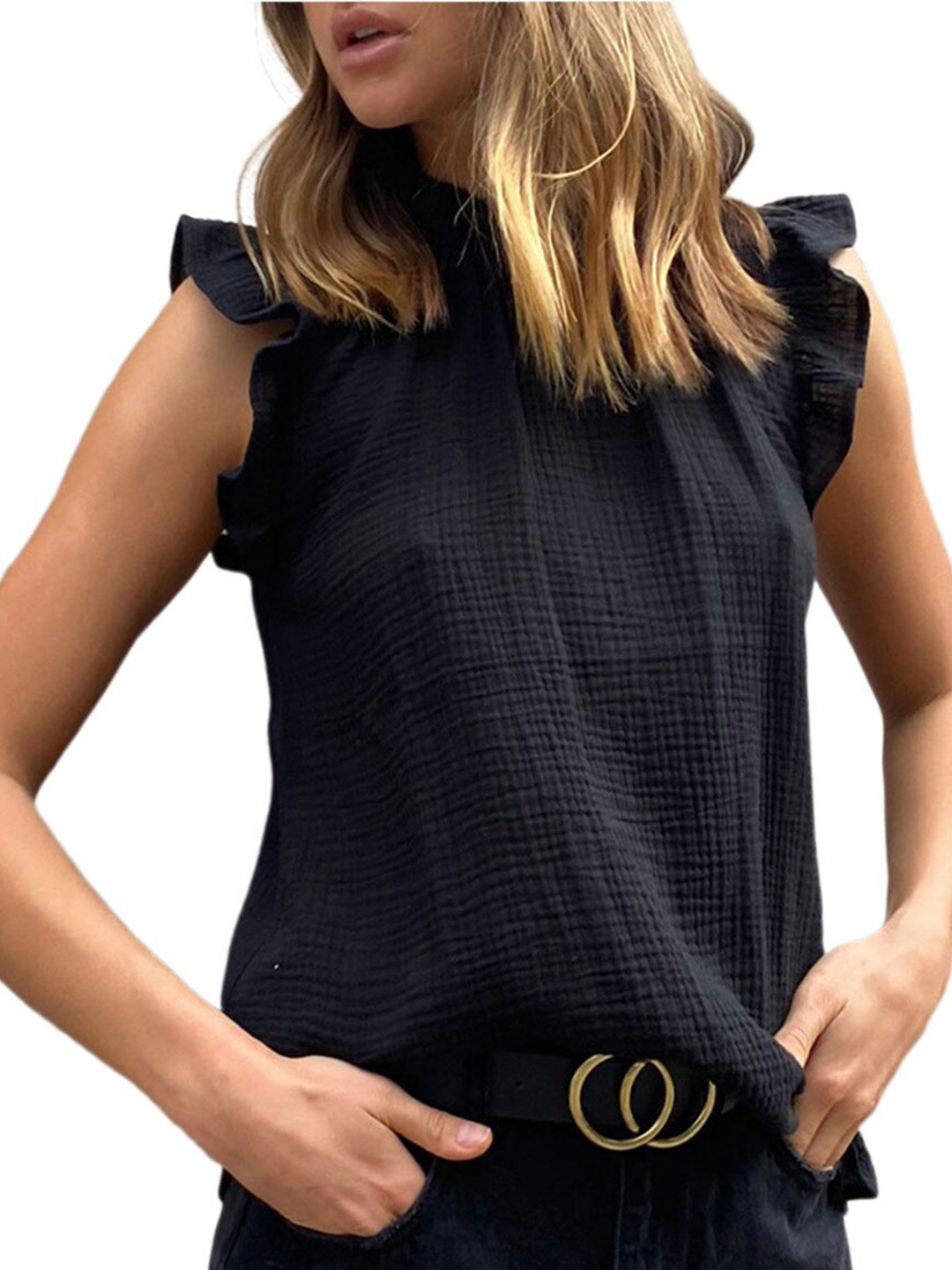 StyleCast Black Flutter Sleeve Cotton Top