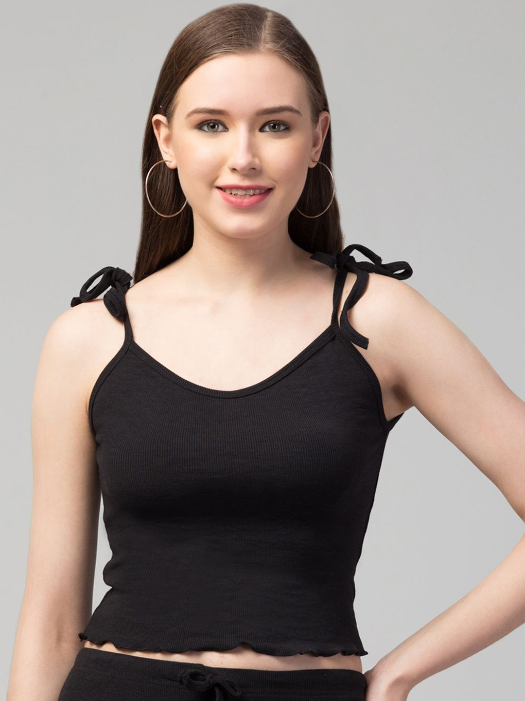 TRENDY ERA Women Solid Tie-Ups Fitted Crop Top And Bottom Set