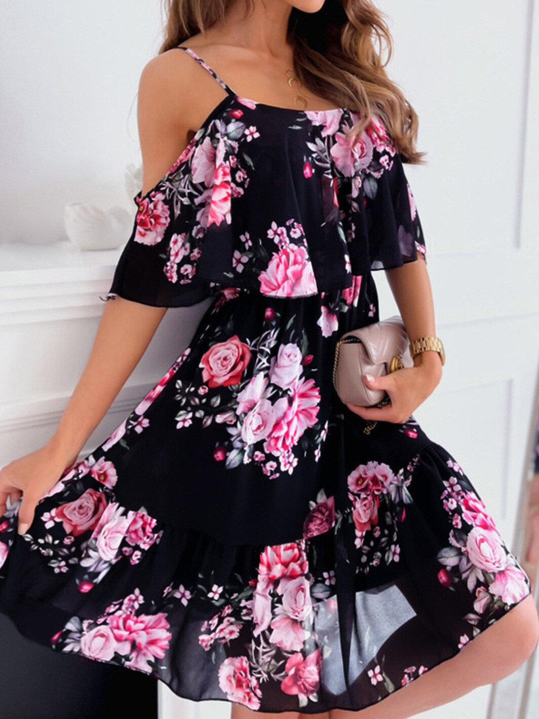 StyleCast Black Floral Printed Cold-Shoulder Fit & Flare Dress