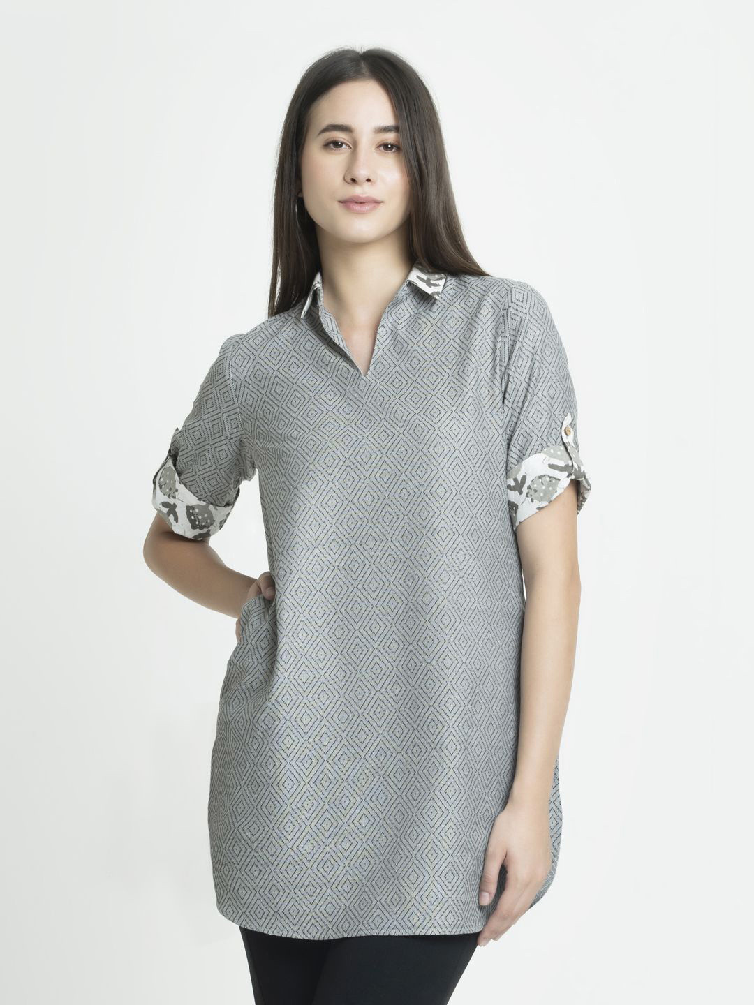 Shaye Women Shirt Collar Grey Printed Three-Quarter Sleeves Tunics