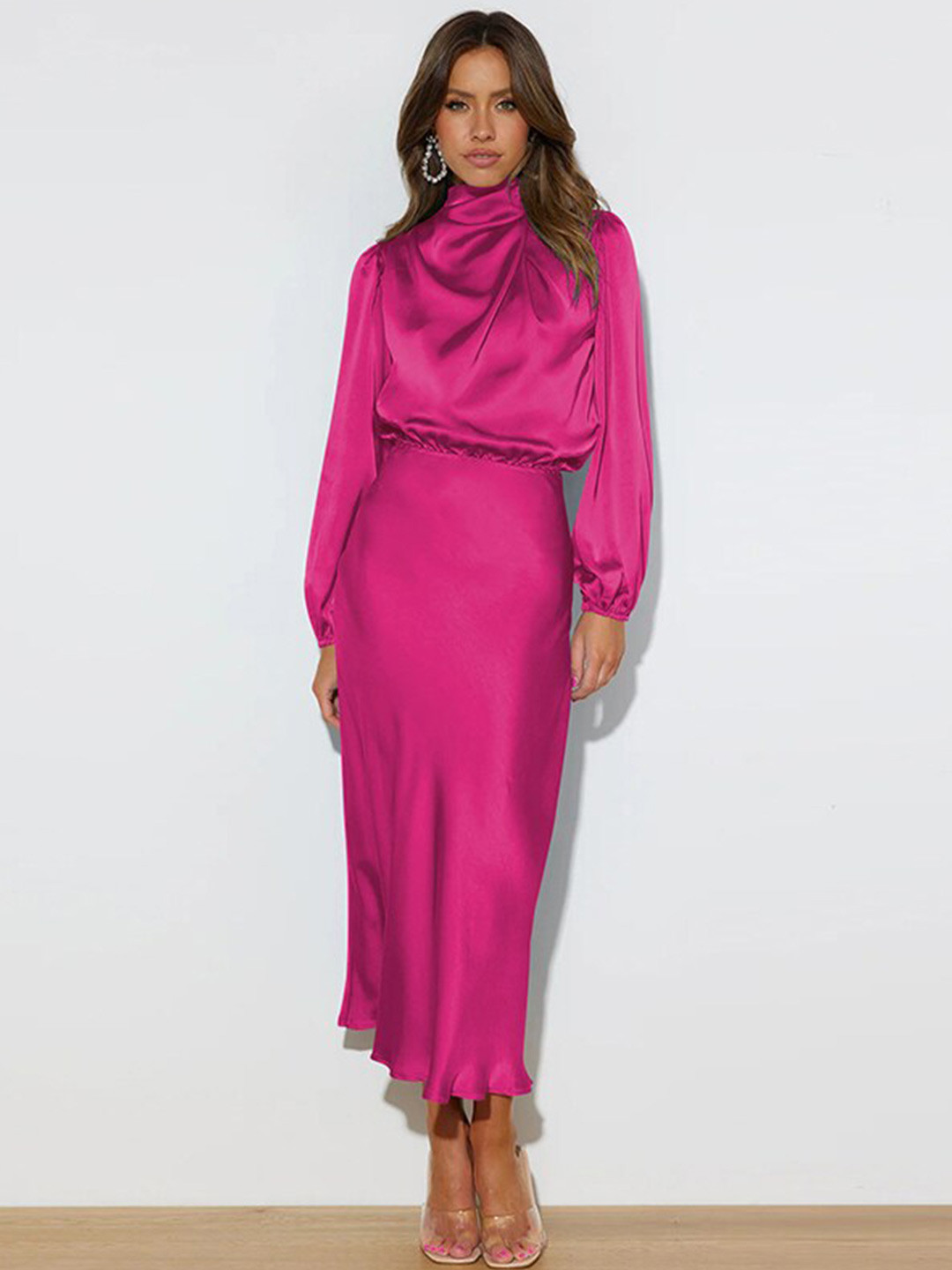 StyleCast High Neck Puff Sleeves Waisted Dress Maxi Dress