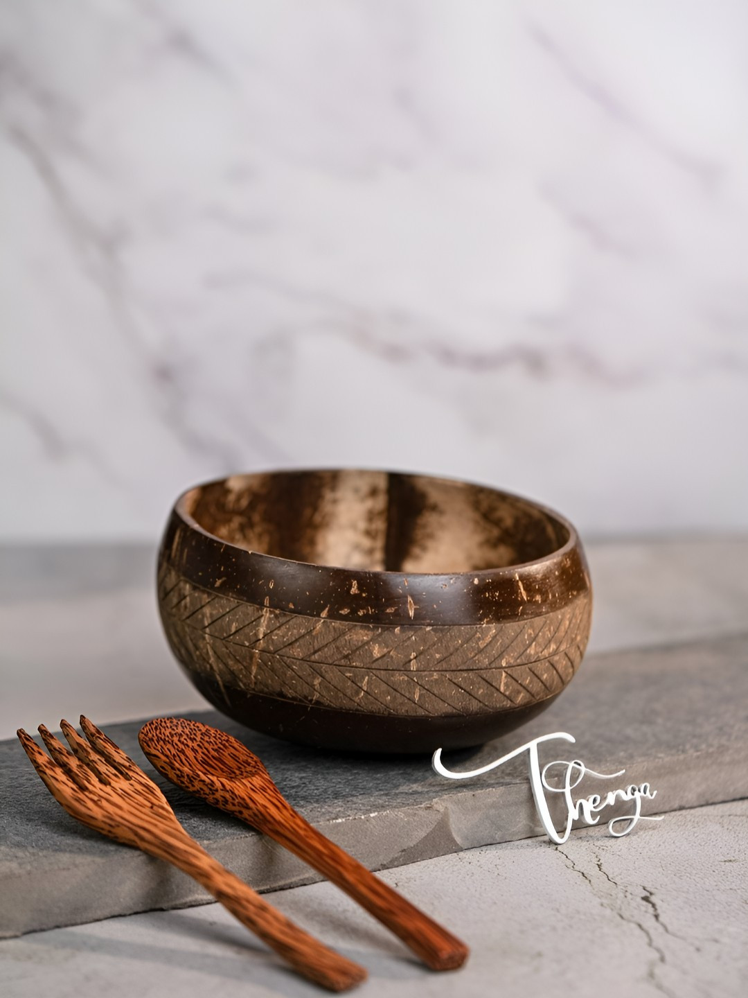 Thenga Brown 3 Pieces Serving Bowl With Spoon & Fork- 900 ml