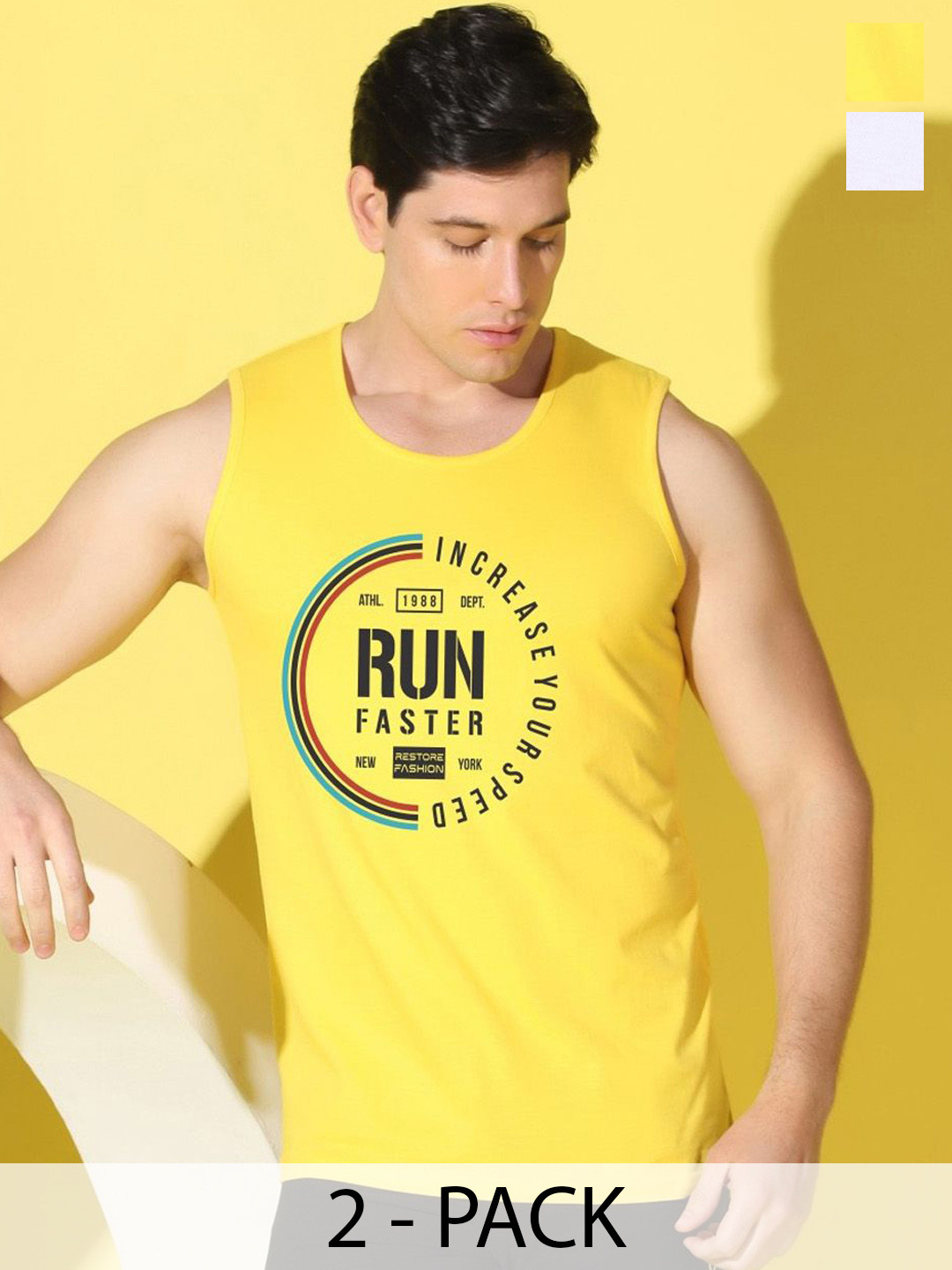 WOOSTRO Pack Of 2 Printed Combed Cotton Gym Vests VWS26(RUN YELLOW)(RUN WHITE)