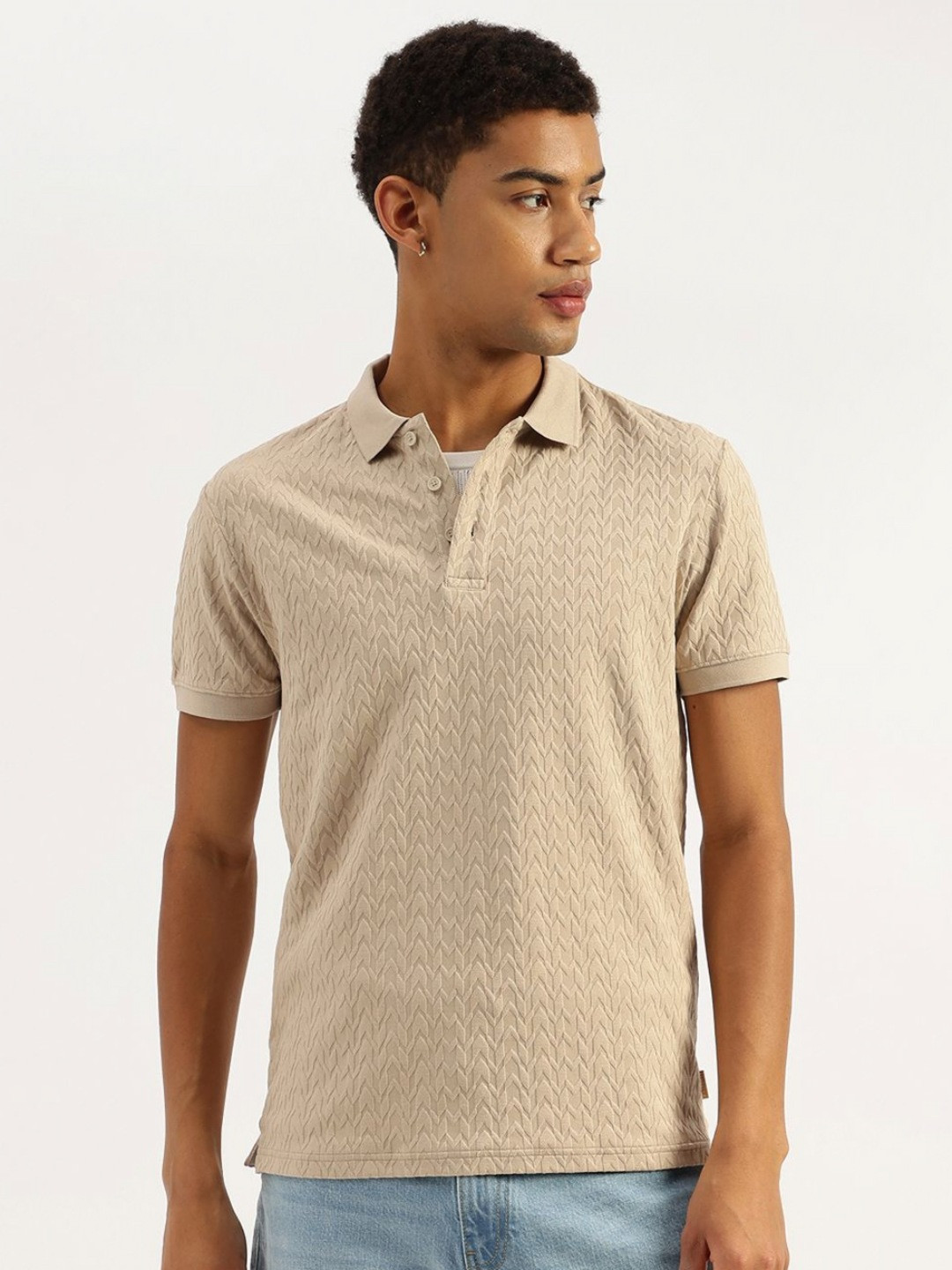 United Colors of Benetton Men Self Design Polo Collar T-shirt