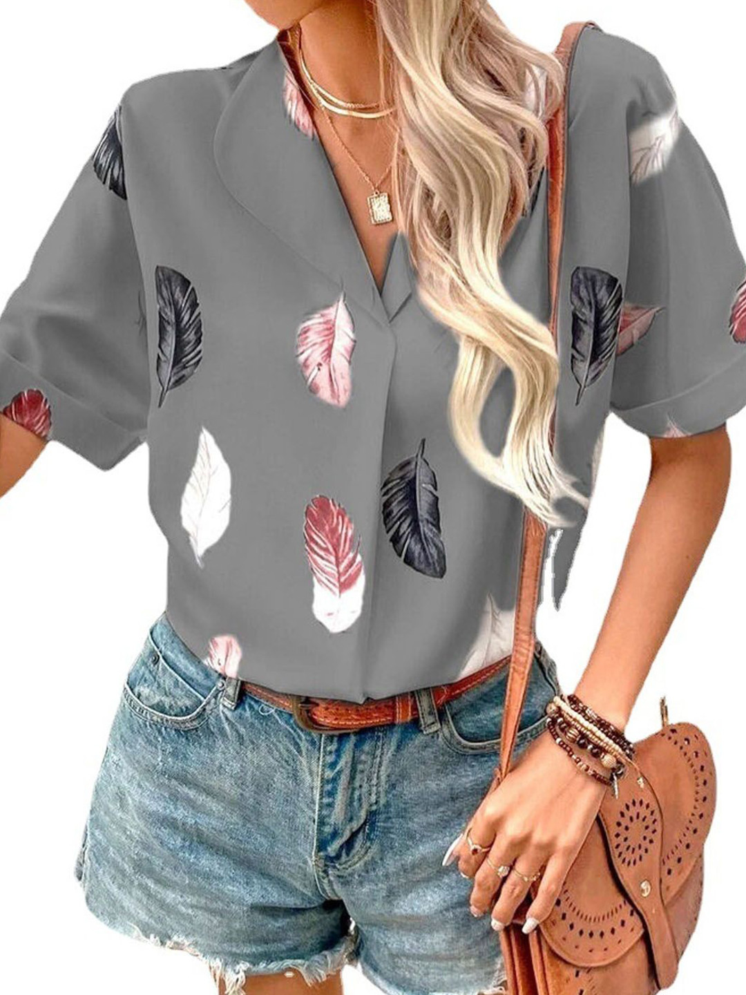 StyleCast Grey Feather Print Shirt Collar Top