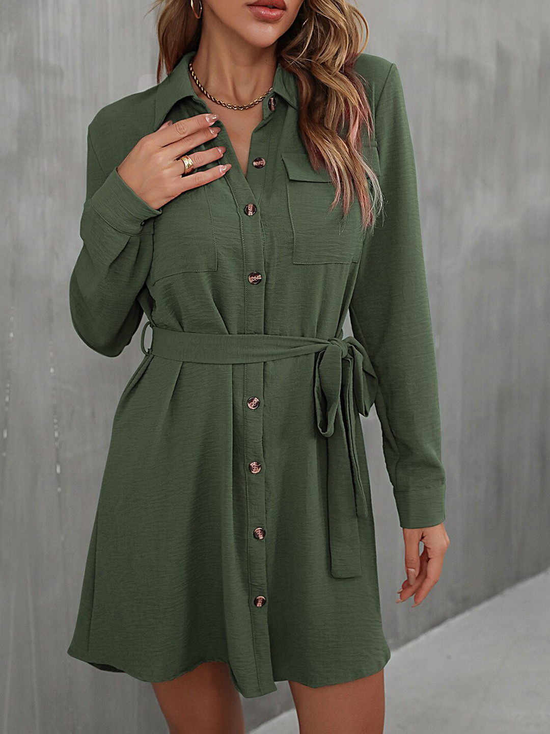 StyleCast Green Shirt Collar Shirt Dress