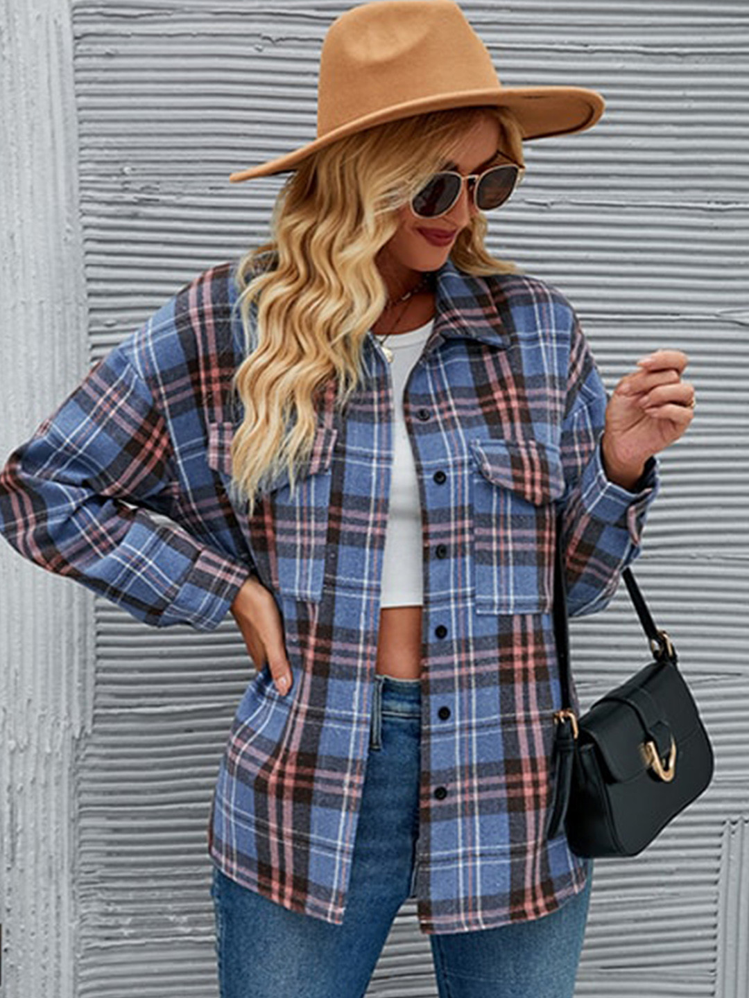StyleCast Blue Checked Spread Collar Shacket