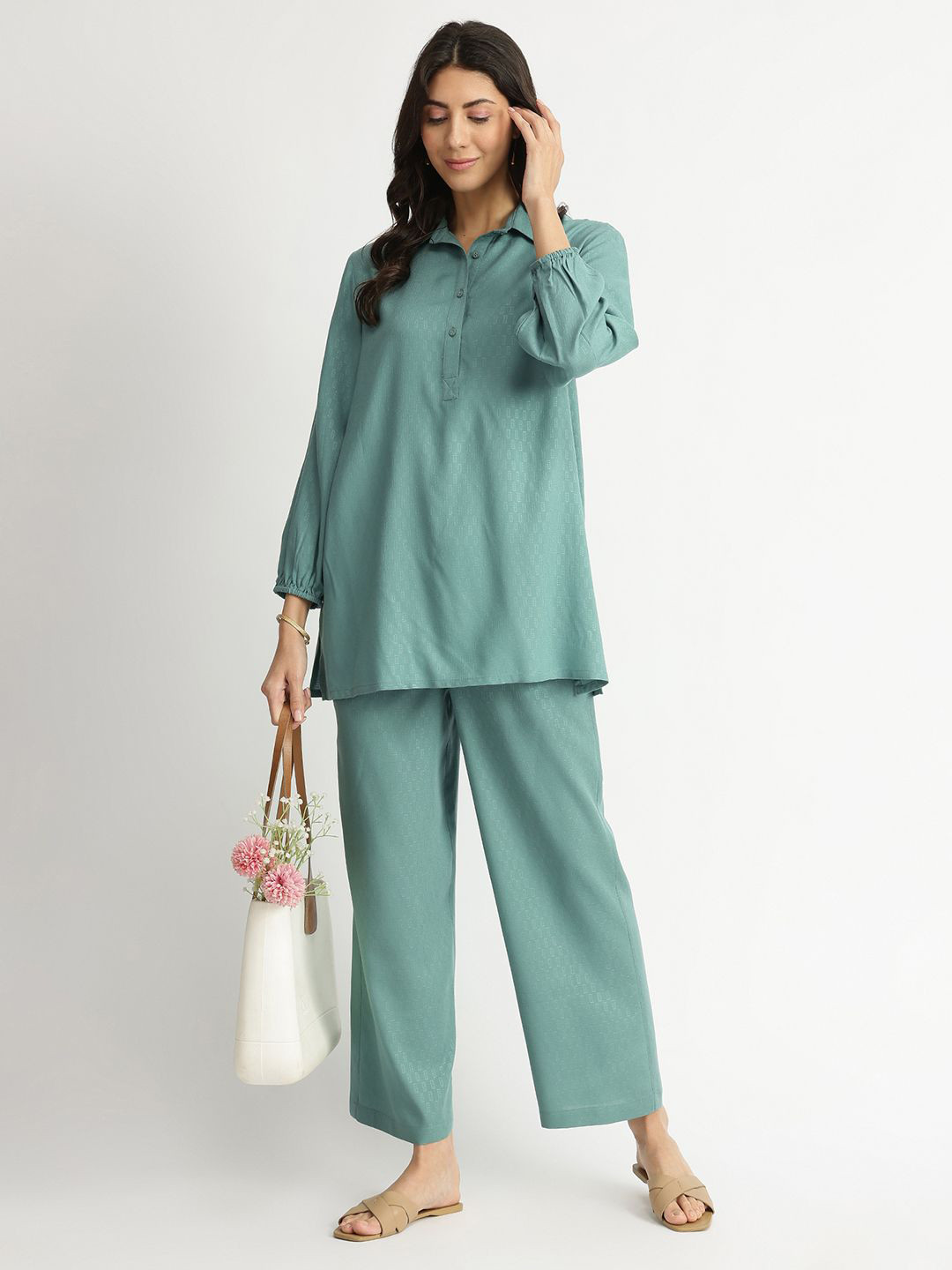 Pink Teal Soft Textured Solid Rayon Co-Ord Set