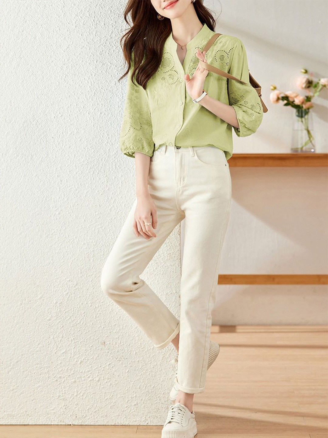 StyleCast Mandarin Collar Schiffli Cotton Shirt Style Top
