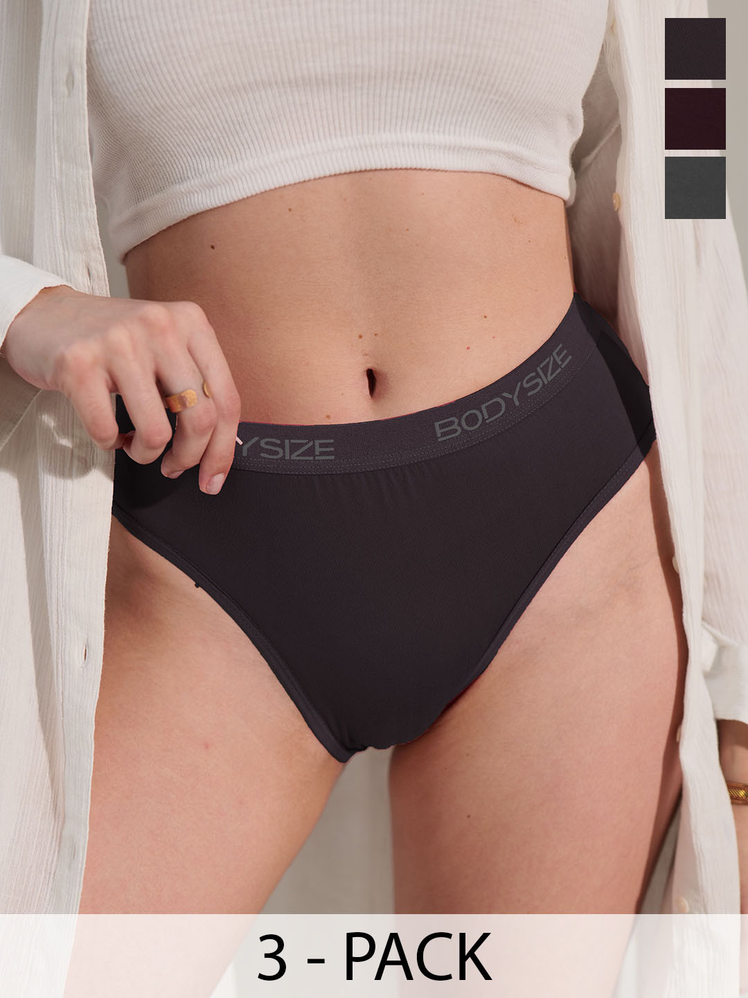 BODYSIZE Women Pack Of 3 Mid-Waist Hipster Briefs AN37-MN-GR-BK-PO3-S