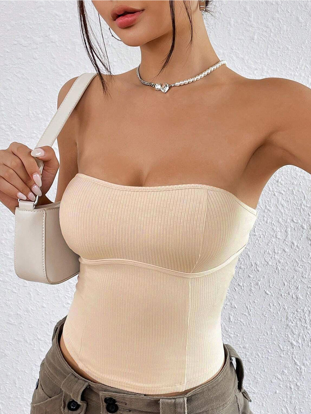 StyleCast Women Beige Strapless Crop Tube Top