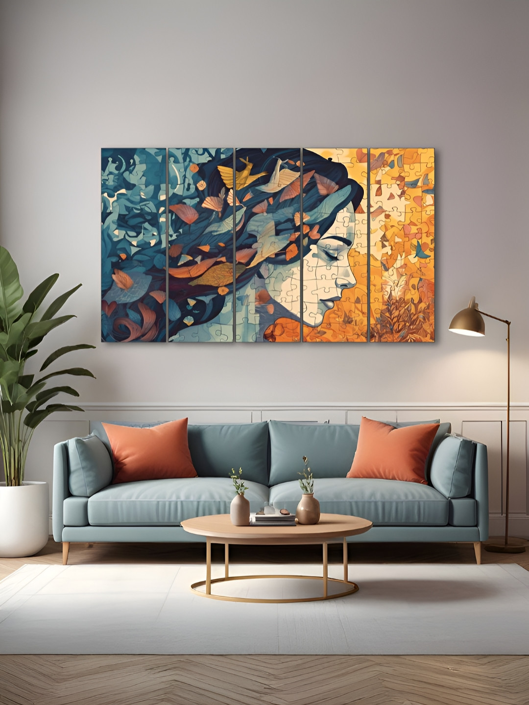 The Castle Decor Teal & Mustard 5 Pieces Wooden Wall Art